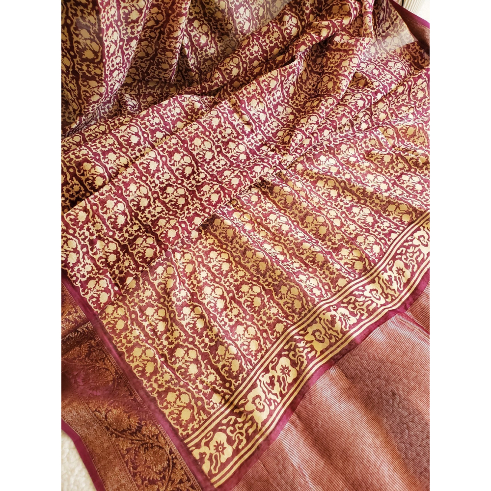 Women Pure Cotton Block Print Saree Wine/burgandy/ Zari Handloom Mint Condition